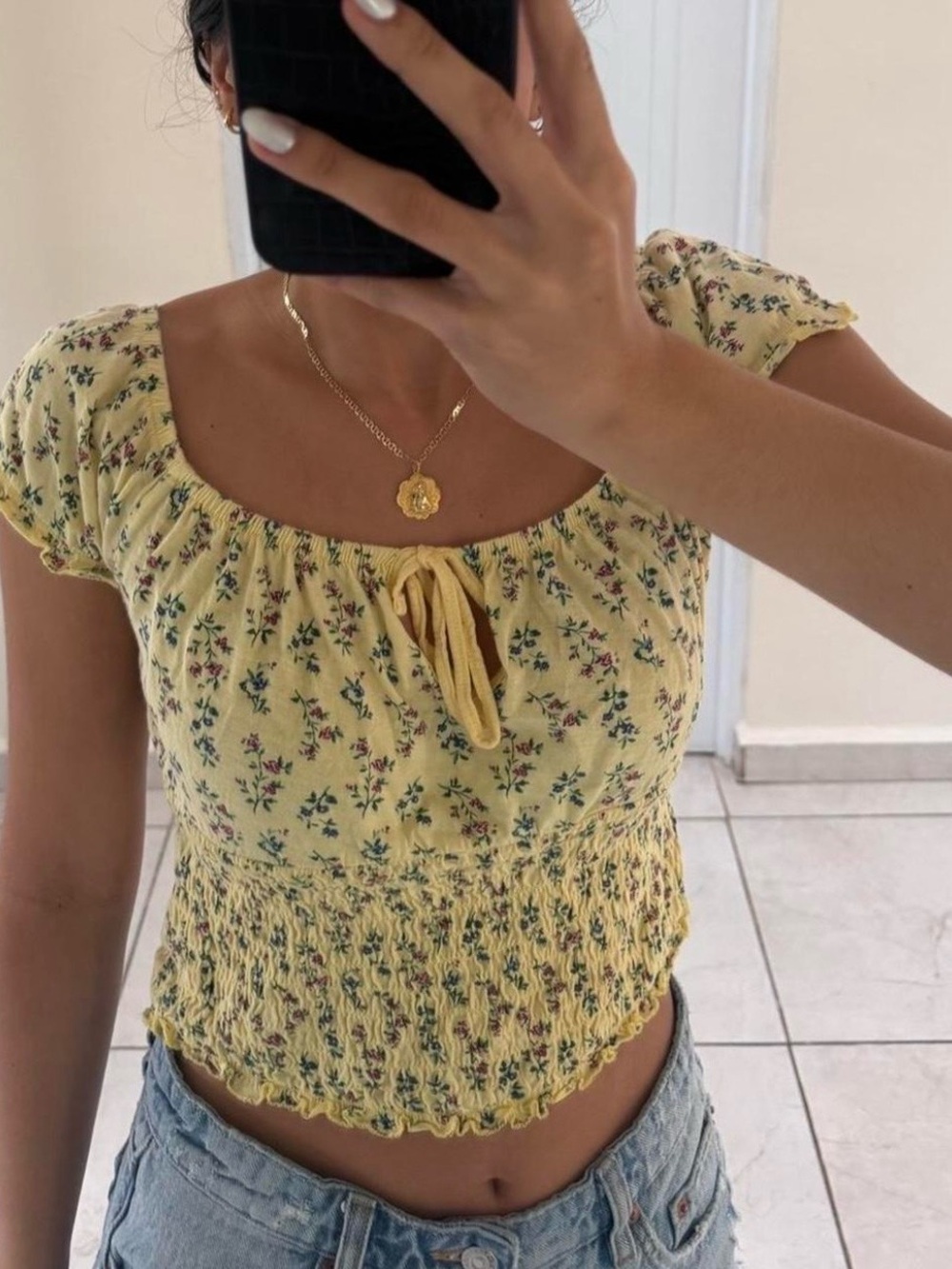 PacSun Yellow Floral Smocked Tie-Front Crop Top